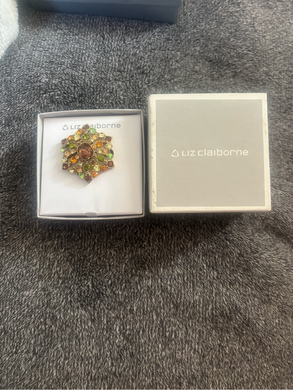 Liz Claiborne Gold-Tone Floral Crystal Pin with Green and Amber Stones Brooch.